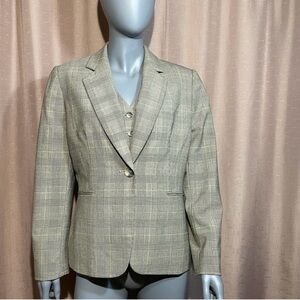 Tahari 10P Dark Beige Plaid Women's Wool Blend Blazer and Vest GUC